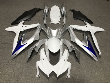 2008-2010 Blanc Brillant Avec Argent & Bleu Noir Mat Inférieur Suzuki GSXR 600-750 Carénage Moto